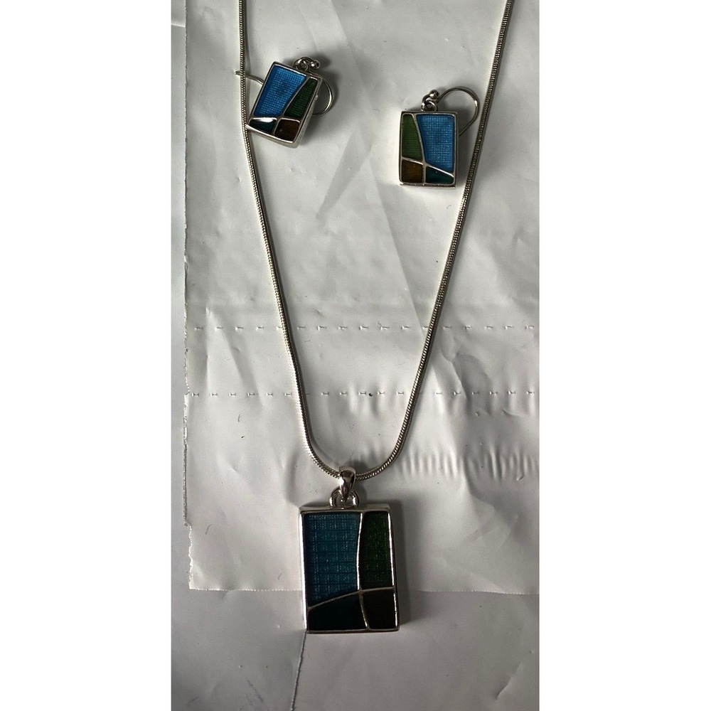 Geometric Teal Black Pendant Necklace & Earrings Set Silver Tone Snake Chain